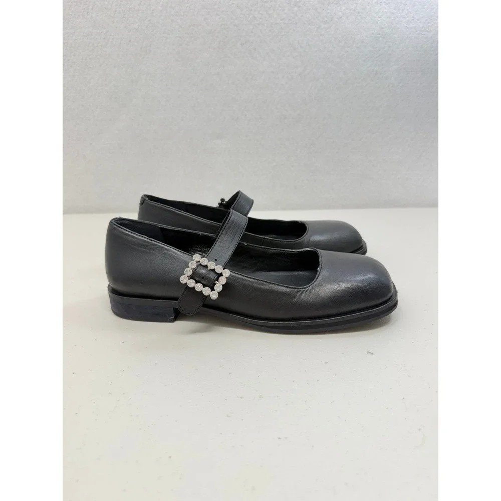 Free People Black Leather Square Toe Rhinestone Buckle Mary Jane Flats 7.5